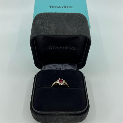 Vintage Tiffany & Co. Red Ruby & Diamond Flower 18k Yellow Gold Cluster Ring