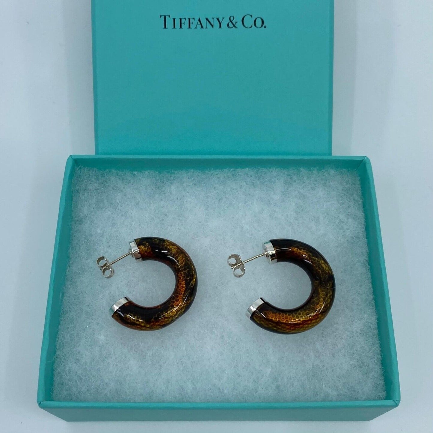 Rare Tiffany & Co. Italian Made Snakeskin Pattern Enamel Silver Hoop Earrings