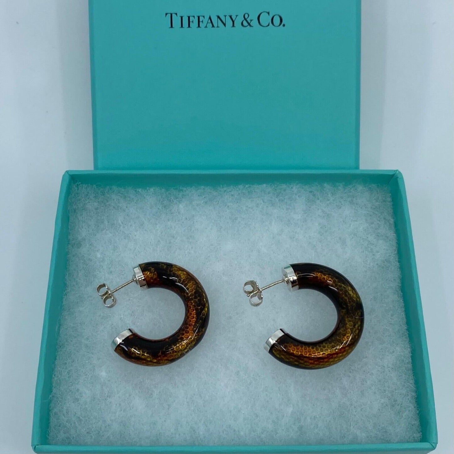 Rare Tiffany & Co. Italian Made Snakeskin Pattern Enamel Silver Hoop Earrings