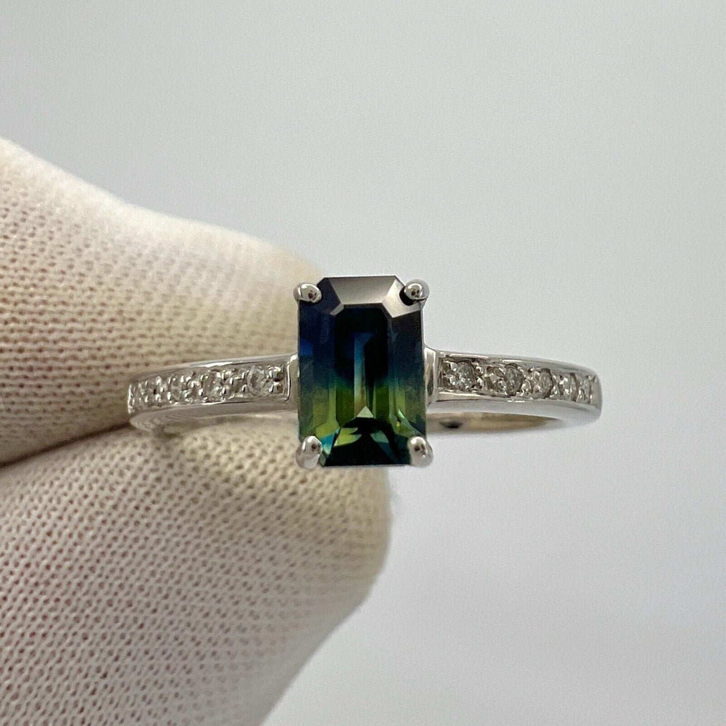 Certified Untreated Bi Colour Sapphire Blue Yellow Emerald Cut White Gold Ring