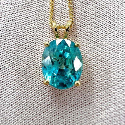 Natural Blue Zircon 3.78ct Oval Cut 18k Yellow Gold Pendant Necklace