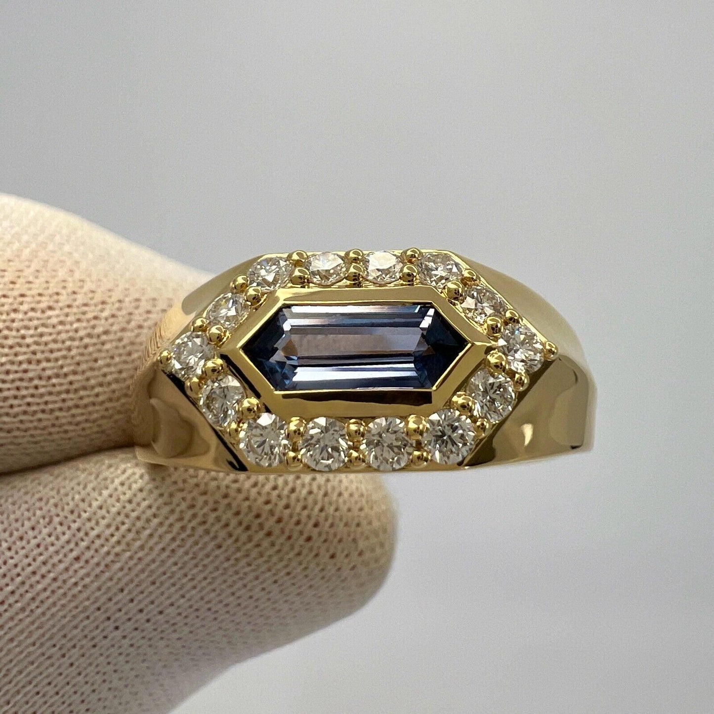 1.03ct Fancy Pentagon Ceylon Blue Sapphire & Diamond 18k Gold Halo Signet Ring