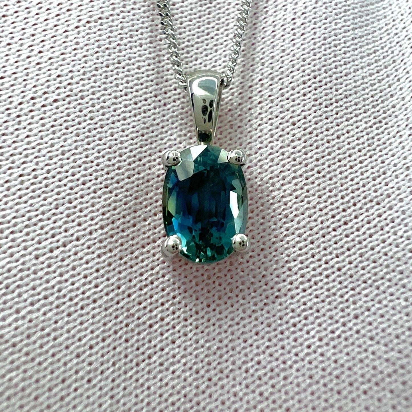 1.37 Carat Teal Blue Green Sapphire Platinum Oval Cut Solitaire Pendant Necklace