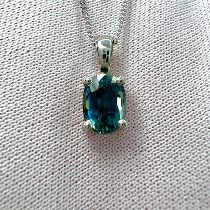 1.37 Carat Teal Blue Green Sapphire Platinum Oval Cut Solitaire Pendant Necklace