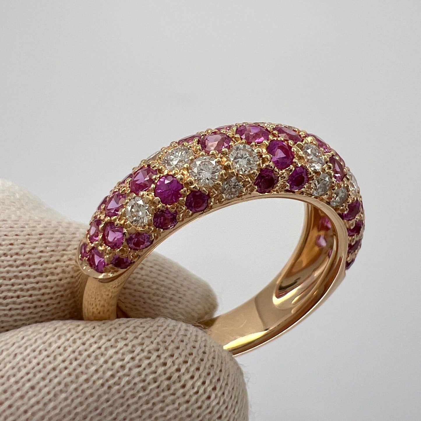 Rare Vintage Cartier Pavé Pink Sapphire & Diamond 18k Rose Gold Band Dome Ring