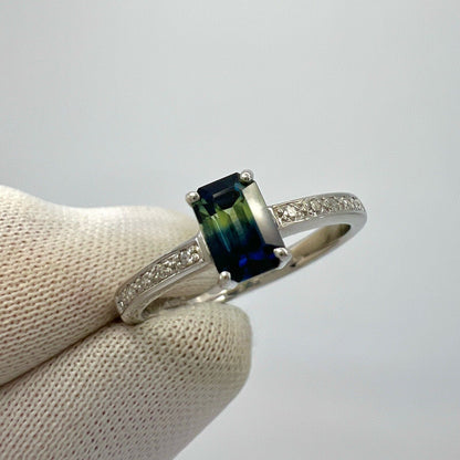 Certified Untreated Bi Colour Sapphire Blue Yellow Emerald Cut White Gold Ring