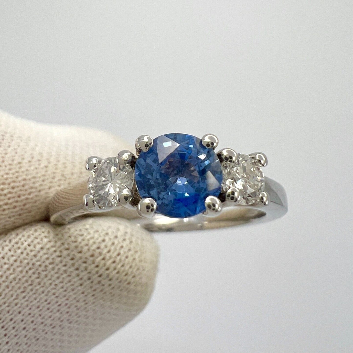 Natural Vivid Blue Round Ceylon Sapphire & Diamond White Gold Three Stone Ring