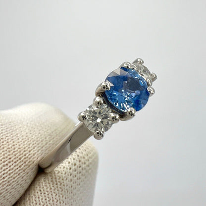 Natural Vivid Blue Round Ceylon Sapphire & Diamond White Gold Three Stone Ring