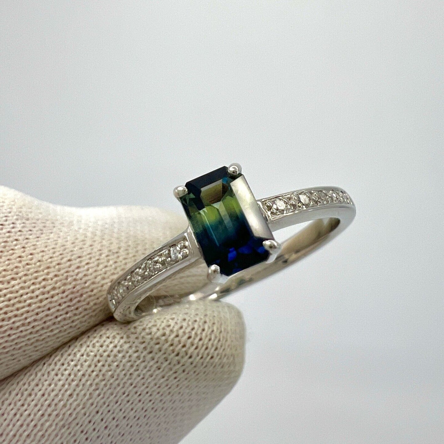 Certified Untreated Bi Colour Sapphire Blue Yellow Emerald Cut White Gold Ring