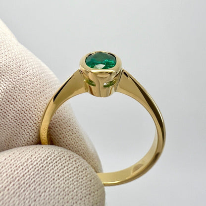 Natural Deep Green Emerald Oval Cut 18k Yellow Gold Rubover Bezel Solitaire Ring