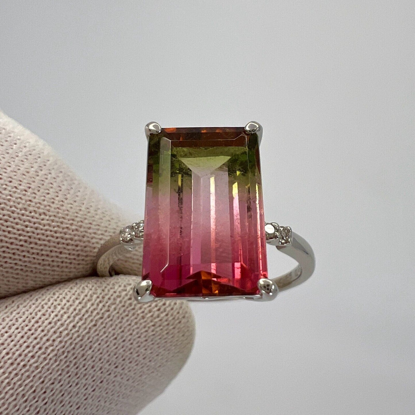 Unique 4.36ct Emerald Cut Watermelon Tourmaline Diamond Platinum Solitaire Ring