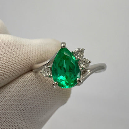 1.06ct Vivid Green Pear Teardrop Cut Colombian Emerald & Diamond Platinum Ring