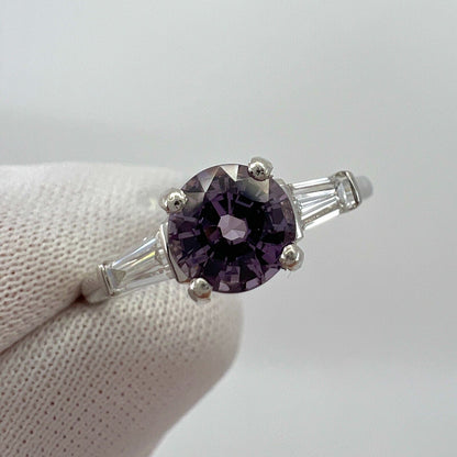 1.20ct Vivid Lilac Purple Spinel & Diamond Platinum Round Cut Three Stone Ring