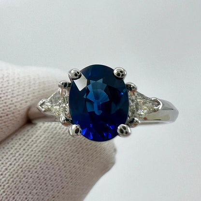 Fine Royal Blue Sapphire & Diamond 18k White Gold Oval Cut Three Stone Ring