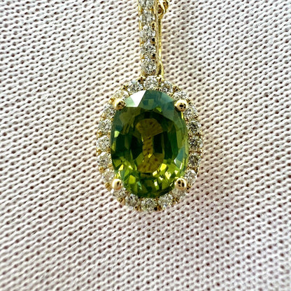 GIA Certified Untreated Australian Green Sapphire 18k Gold Diamond Halo Pendant