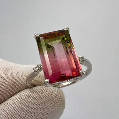 Unique 4.36ct Emerald Cut Watermelon Tourmaline Diamond Platinum Solitaire Ring