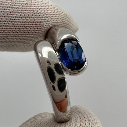 Vintage Bvlgari Astrea Vivid Blue Sapphire Oval Cut 18k White Gold Bypass Ring