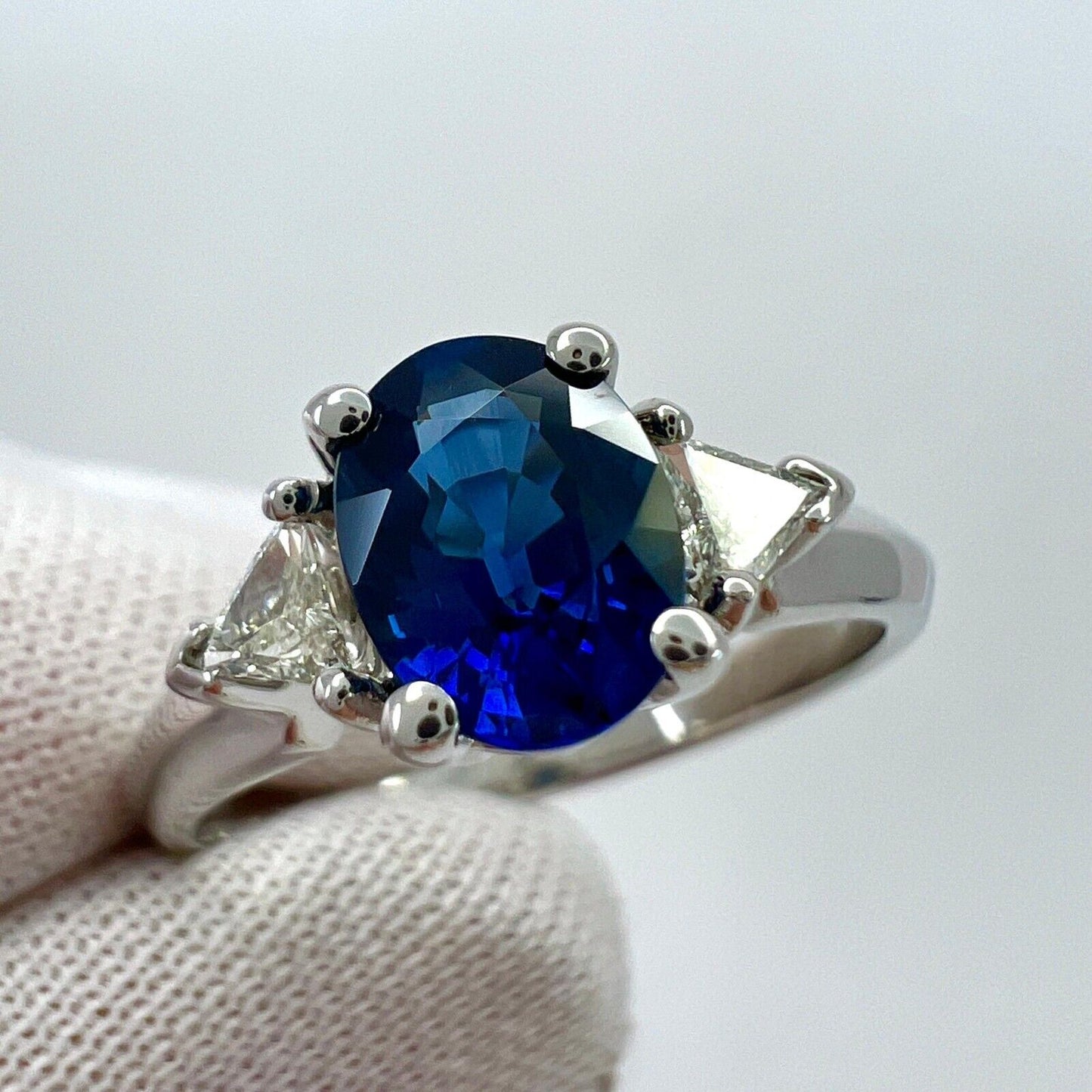 Fine Royal Blue Sapphire & Diamond 18k White Gold Oval Cut Three Stone Ring