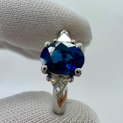 Fine Royal Blue Sapphire & Diamond 18k White Gold Oval Cut Three Stone Ring