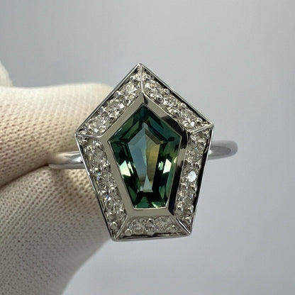 GIA Certified 1.35ct Untreated Sapphire Green Blue & Diamond 18k White Gold Ring