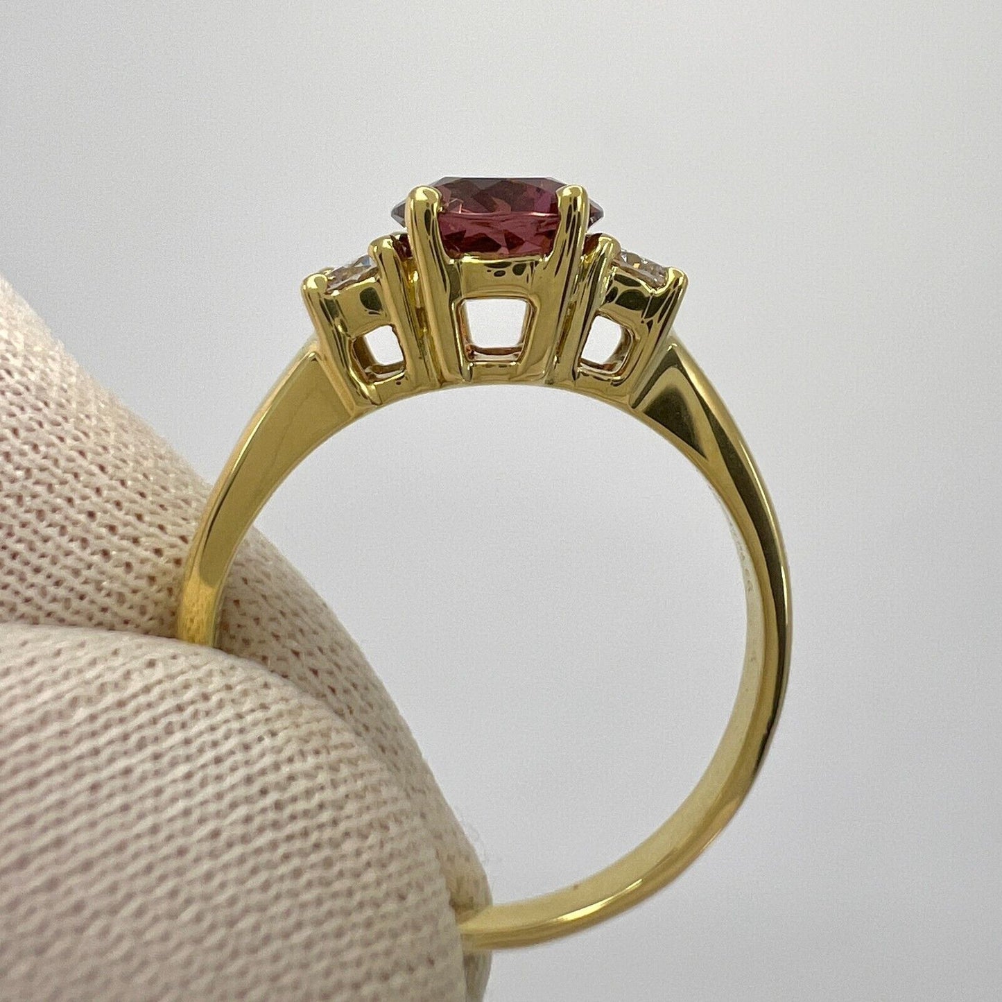 Vintage Tiffany & Co Pink Tourmaline & Diamond 18k Yellow Gold Three Stone Ring