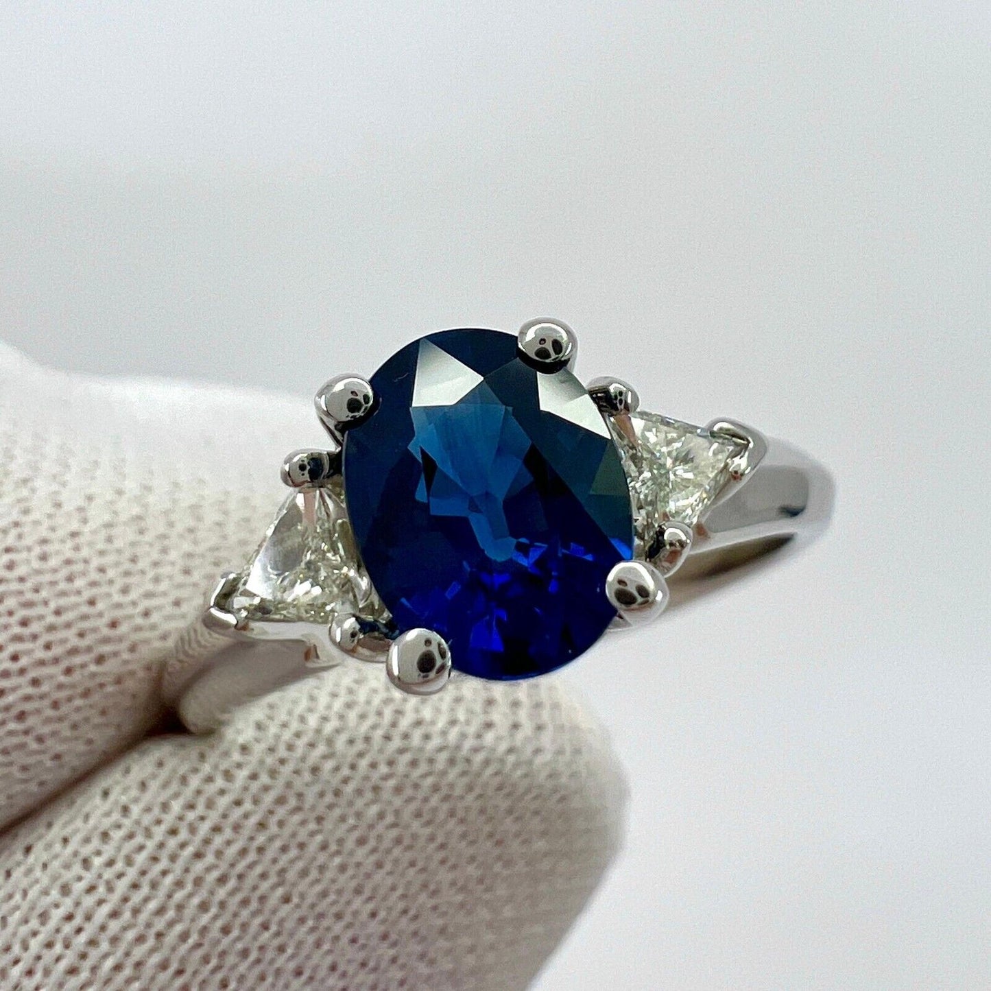 Fine Royal Blue Sapphire & Diamond 18k White Gold Oval Cut Three Stone Ring