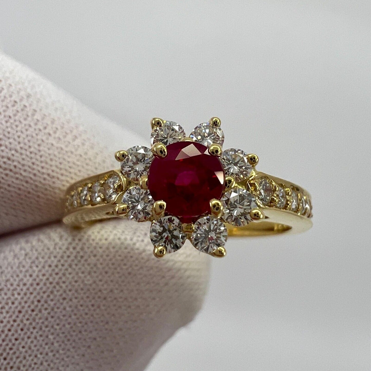 Vintage Tiffany & Co. Red Ruby & Diamond Flower 18k Yellow Gold Cluster Ring