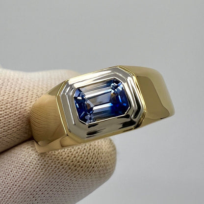 Natural Bi Colour White Blue Ceylon Sapphire Emerald Cut 18k Gold Signet Ring