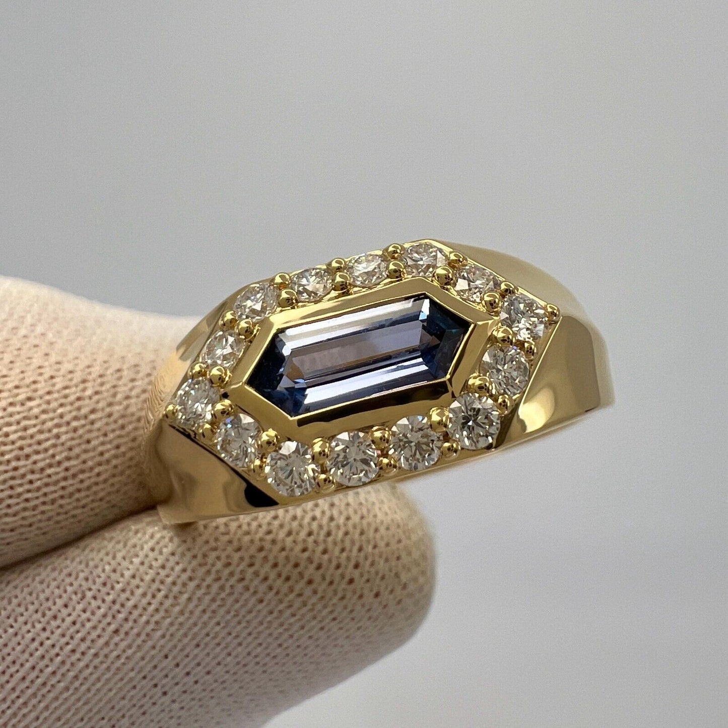 1.03ct Fancy Pentagon Ceylon Blue Sapphire & Diamond 18k Gold Halo Signet Ring