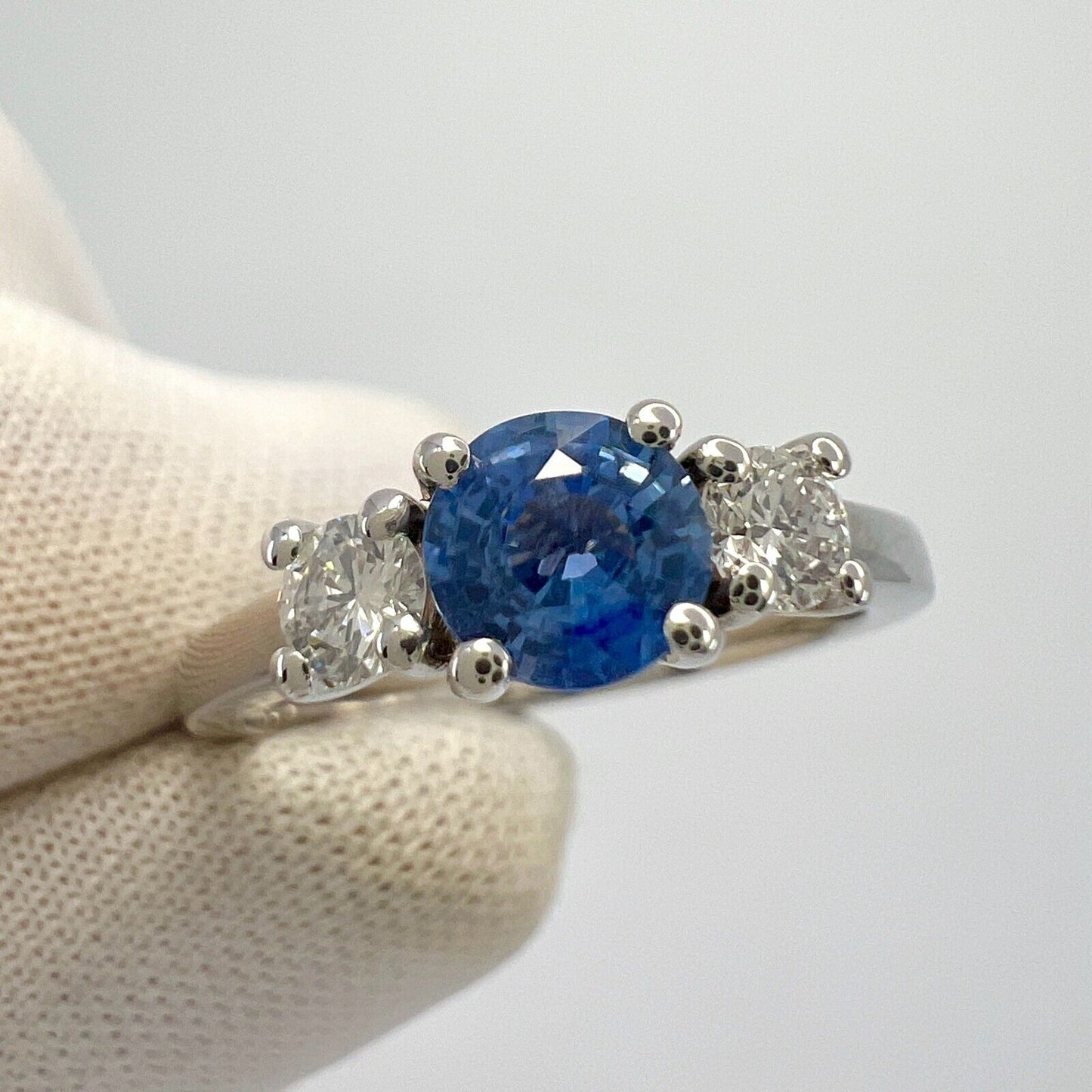 Natural Vivid Blue Round Ceylon Sapphire & Diamond White Gold Three Stone Ring