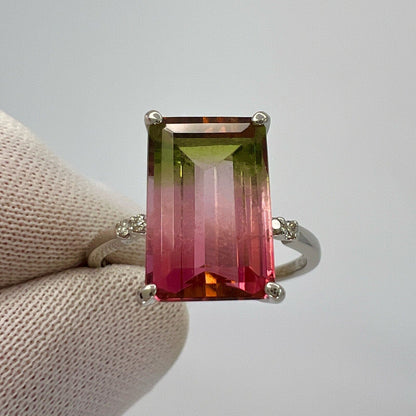 Unique 4.36ct Emerald Cut Watermelon Tourmaline Diamond Platinum Solitaire Ring