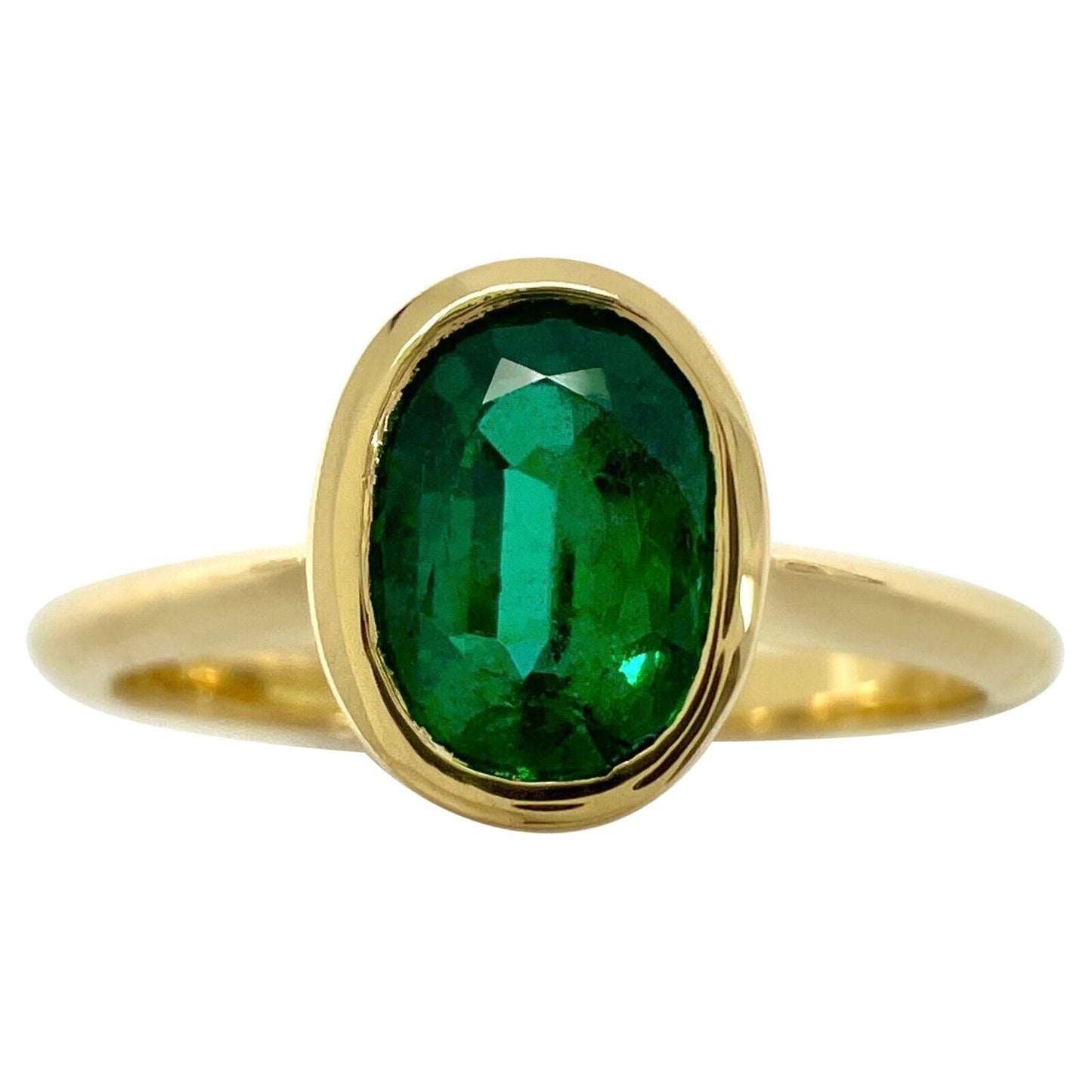 Natural Deep Green Emerald Oval Cut 18k Yellow Gold Rubover Bezel Solitaire Ring