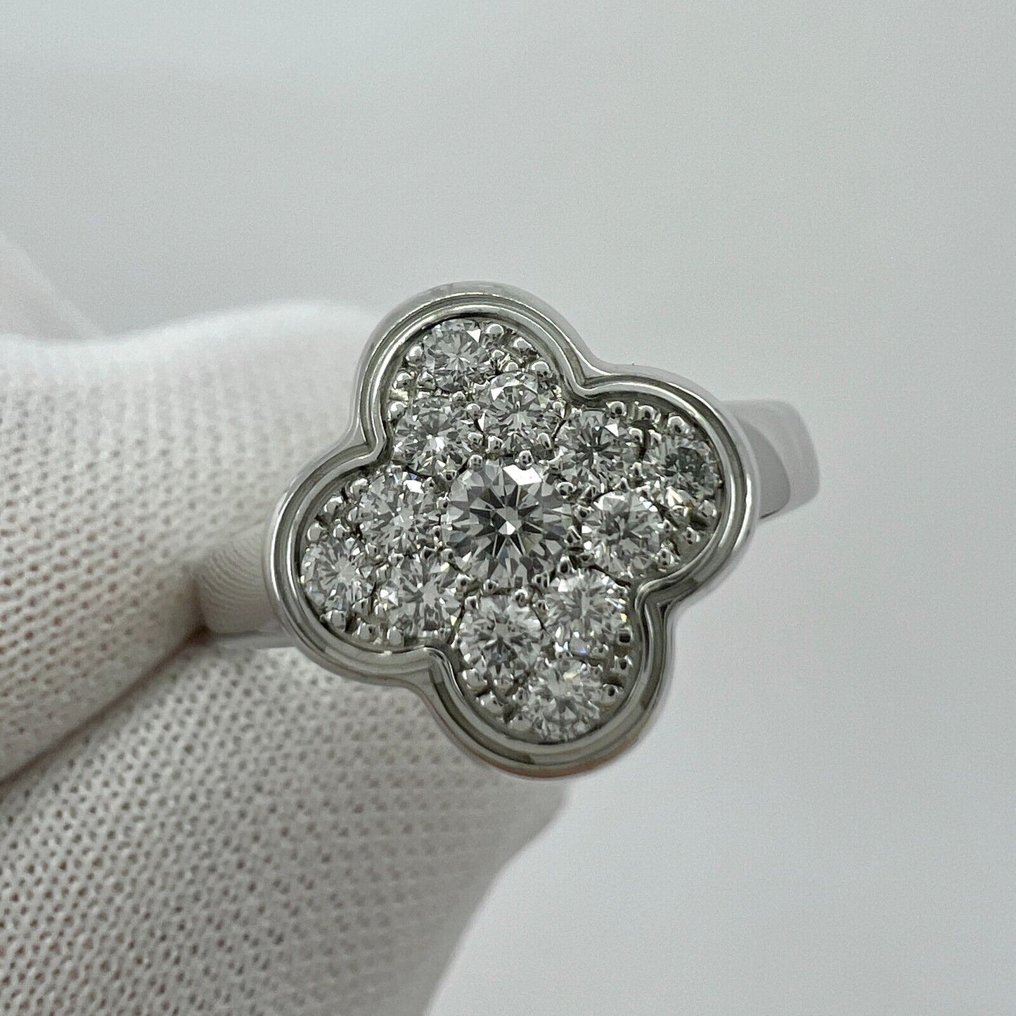 Rare Vintage Van Cleef & Arpels Pure Alhambra Diamond Flower 18k White Gold Ring