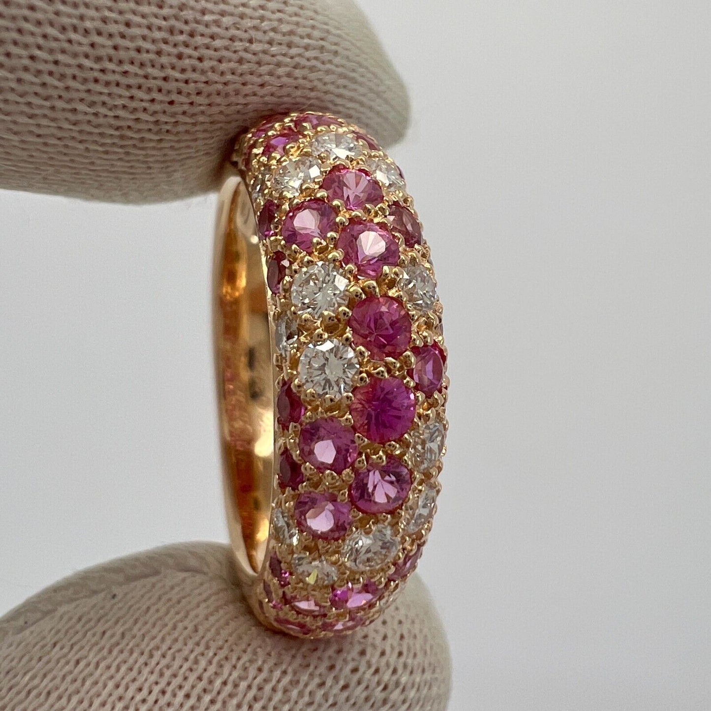 Rare Vintage Cartier Pavé Pink Sapphire & Diamond 18k Rose Gold Band Dome Ring