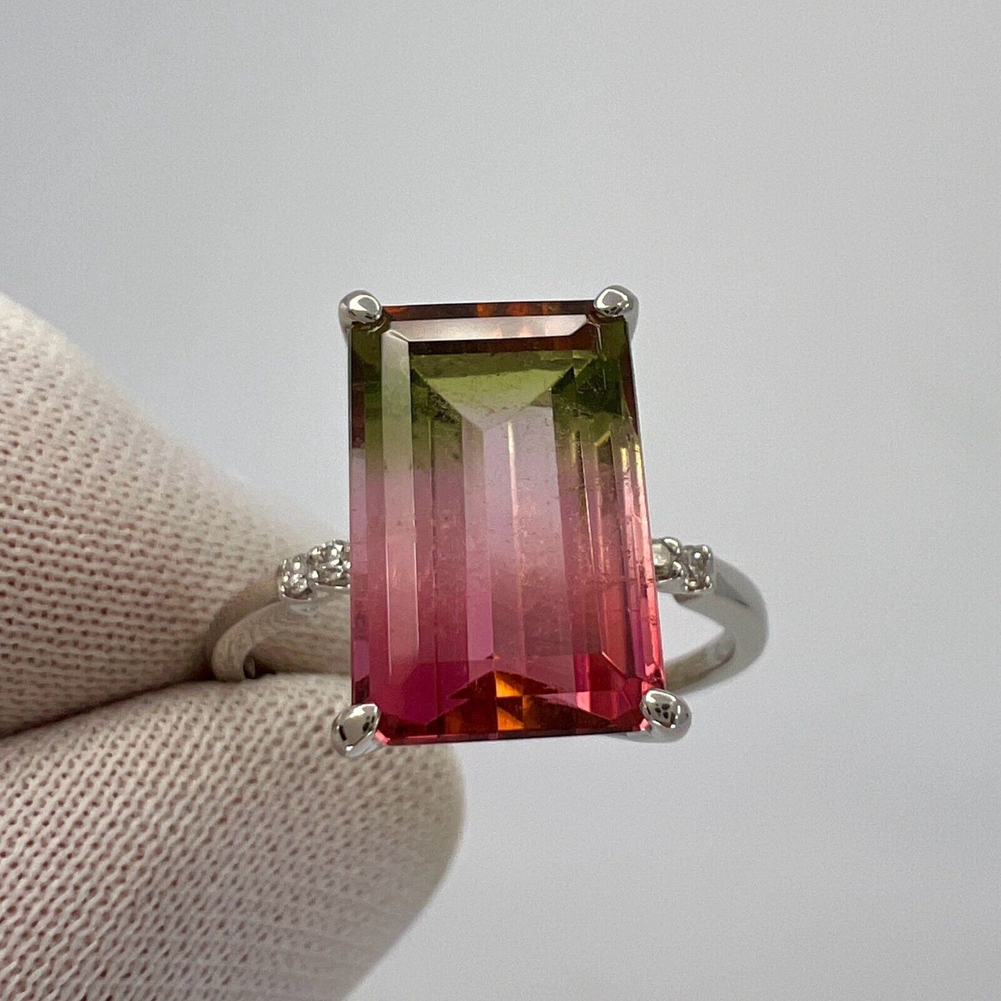 Unique 4.36ct Emerald Cut Watermelon Tourmaline Diamond Platinum Solitaire Ring