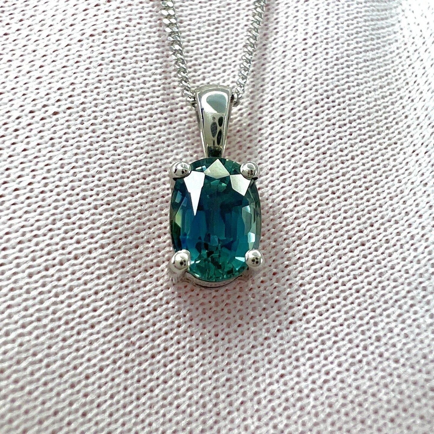 1.37 Carat Teal Blue Green Sapphire Platinum Oval Cut Solitaire Pendant Necklace