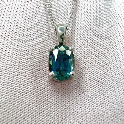 1.37 Carat Teal Blue Green Sapphire Platinum Oval Cut Solitaire Pendant Necklace