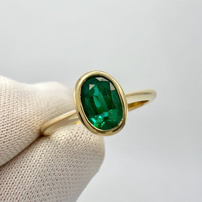 Natural Deep Green Emerald Oval Cut 18k Yellow Gold Rubover Bezel Solitaire Ring