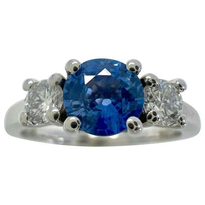 Natural Vivid Blue Round Ceylon Sapphire & Diamond White Gold Three Stone Ring