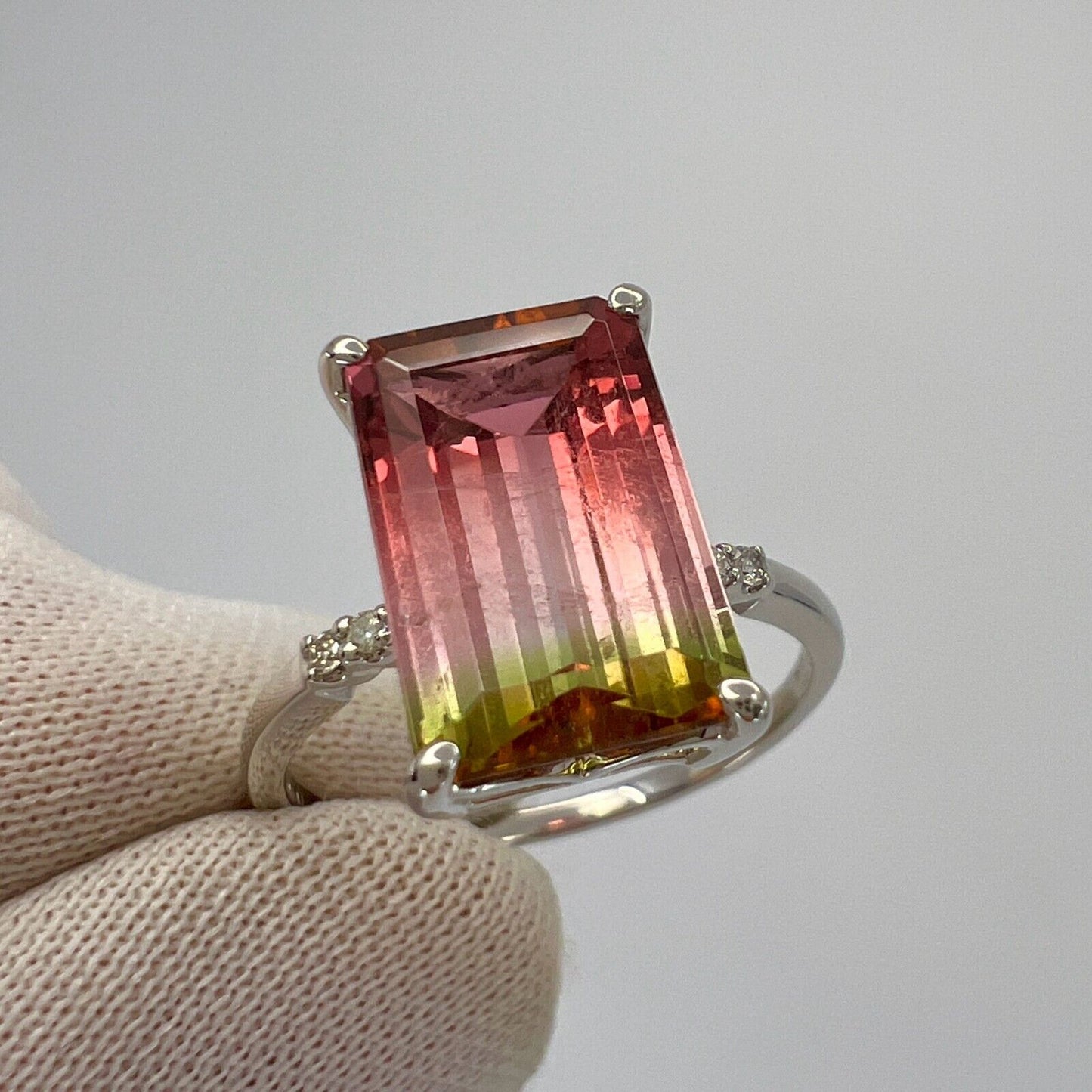 Unique 4.36ct Emerald Cut Watermelon Tourmaline Diamond Platinum Solitaire Ring