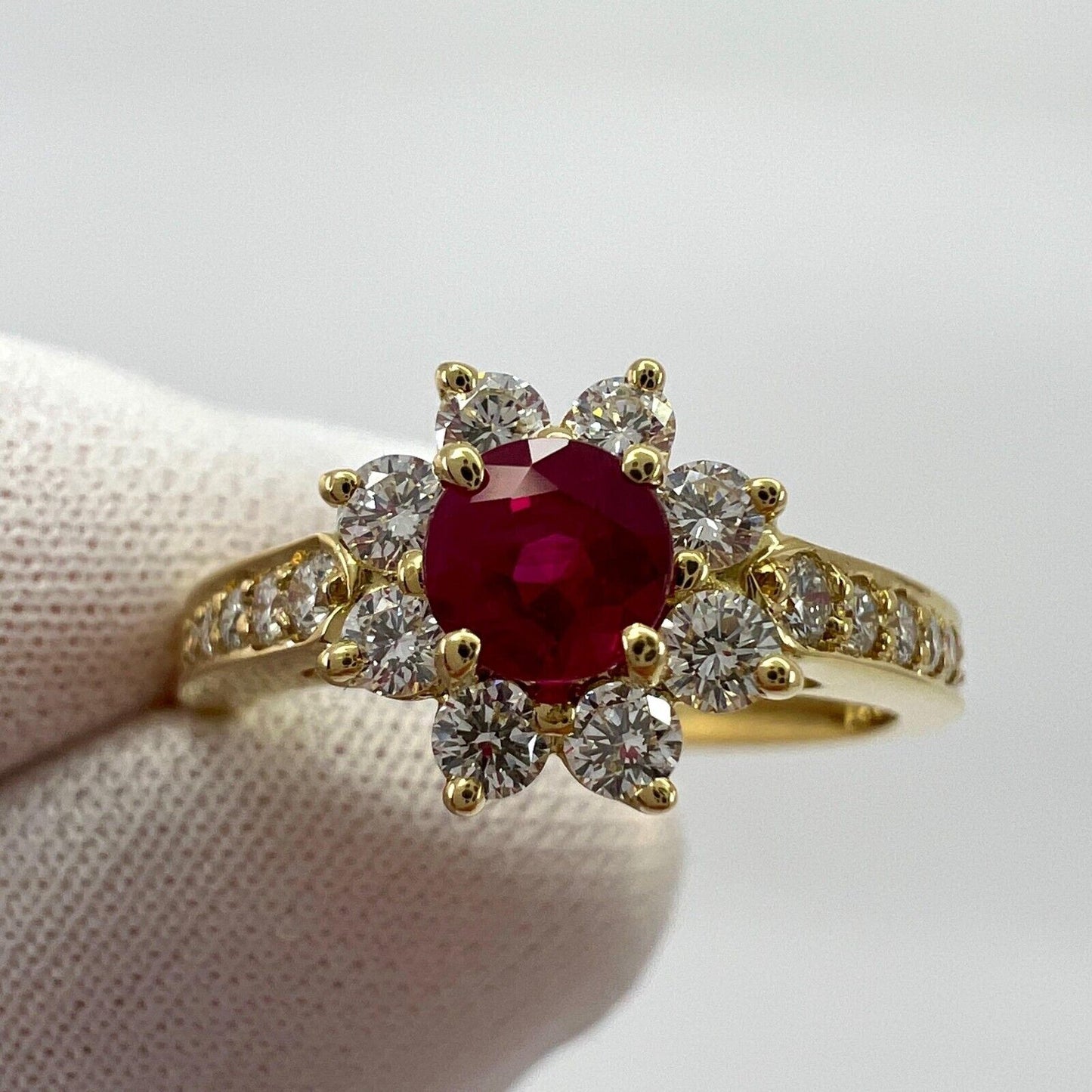 Vintage Tiffany & Co. Red Ruby & Diamond Flower 18k Yellow Gold Cluster Ring