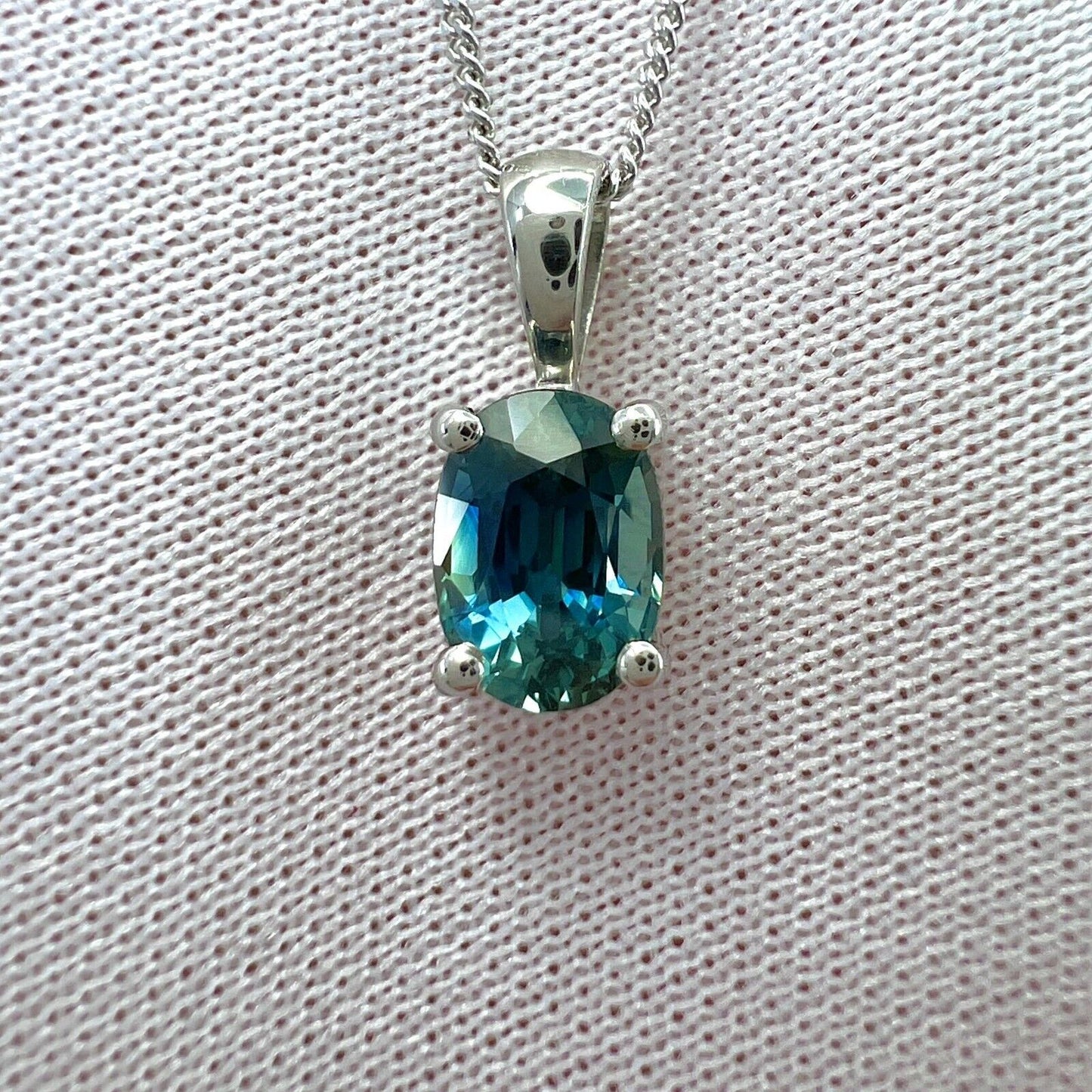 1.37 Carat Teal Blue Green Sapphire Platinum Oval Cut Solitaire Pendant Necklace