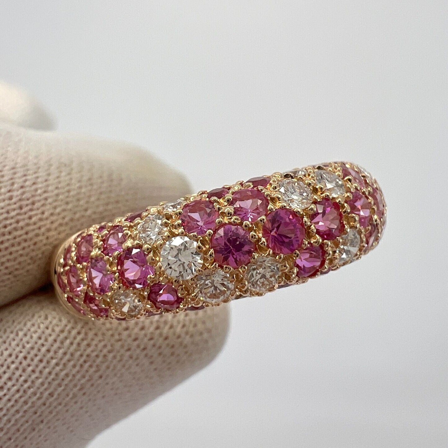 Rare Vintage Cartier Pavé Pink Sapphire & Diamond 18k Rose Gold Band Dome Ring