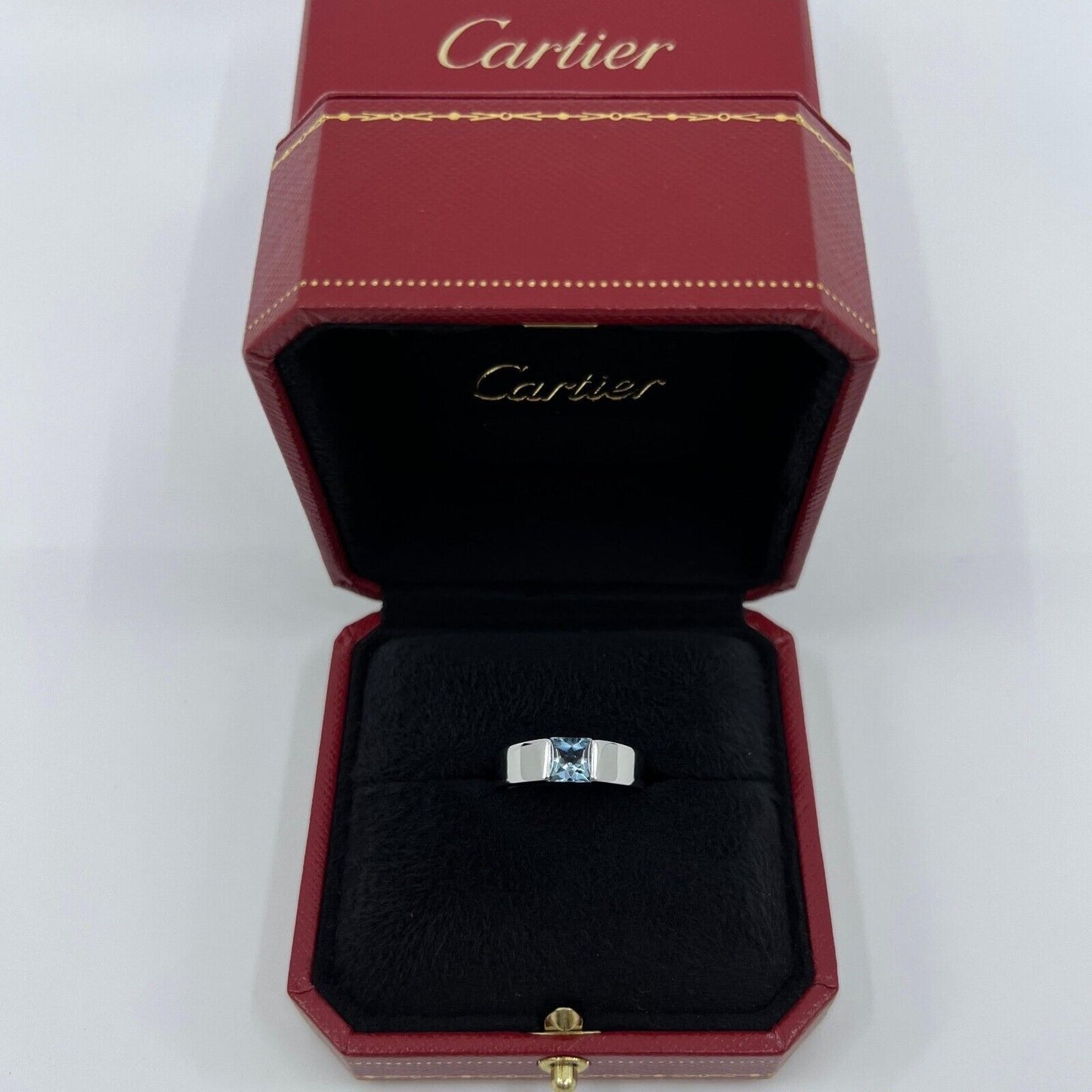 Vintage Cartier Blue Aquamarine Square Cushion 18k White Gold Tank Ring 49.5