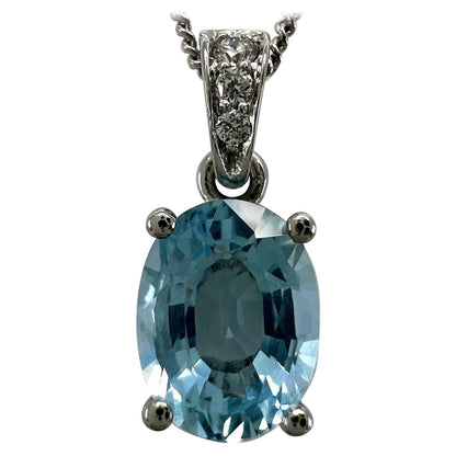 1.26ct Oval Cut Blue Aquamarine & Diamond Platinum Solitaire Pendant Necklace