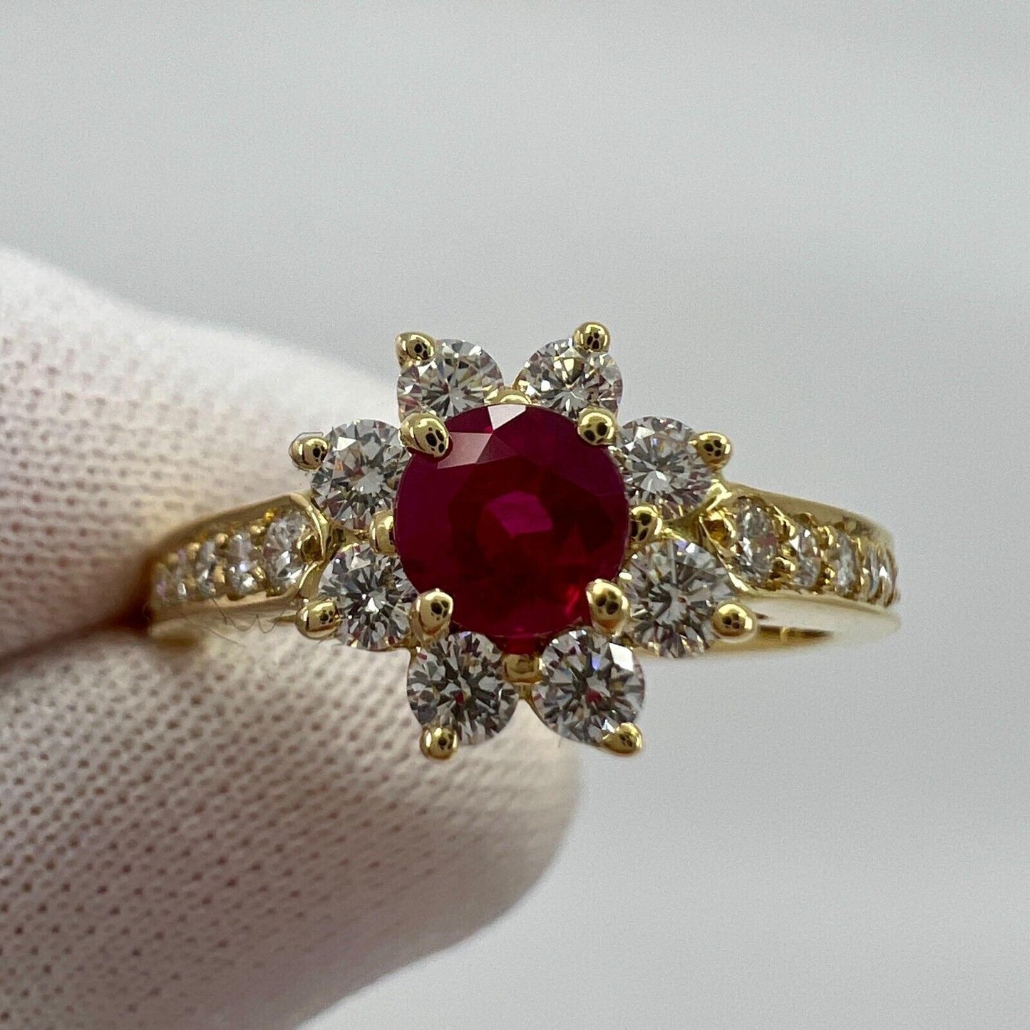 Vintage Tiffany & Co. Red Ruby & Diamond Flower 18k Yellow Gold Cluster Ring