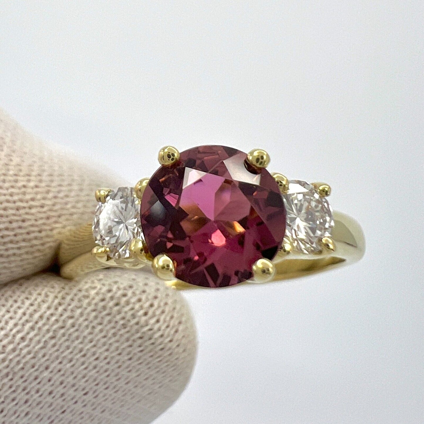 Vintage Tiffany & Co Pink Tourmaline & Diamond 18k Yellow Gold Three Stone Ring