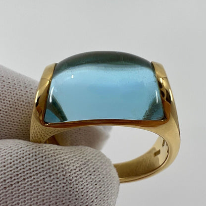 Vintage Bvlgari Tronchetto 18k Yellow Gold Blue Topaz Dome Ring with Box