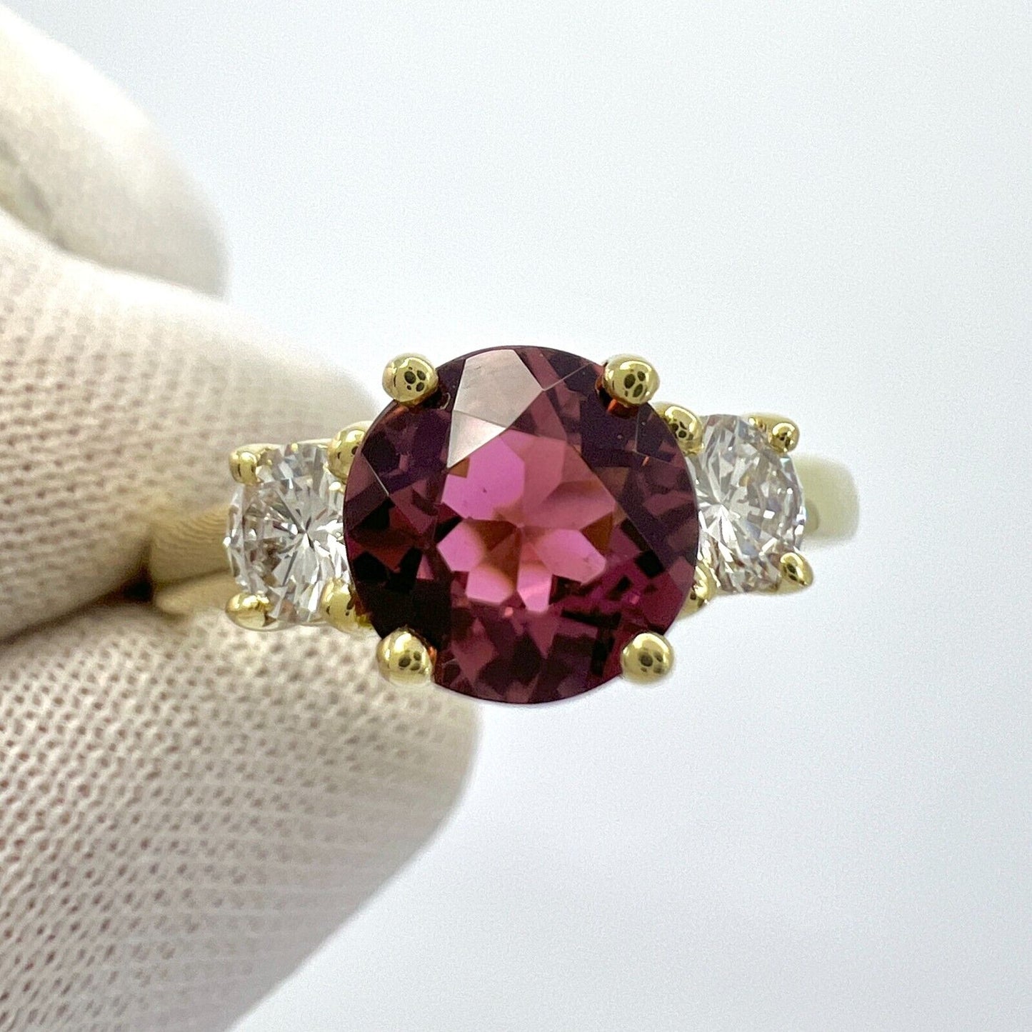 Vintage Tiffany & Co Pink Tourmaline & Diamond 18k Yellow Gold Three Stone Ring