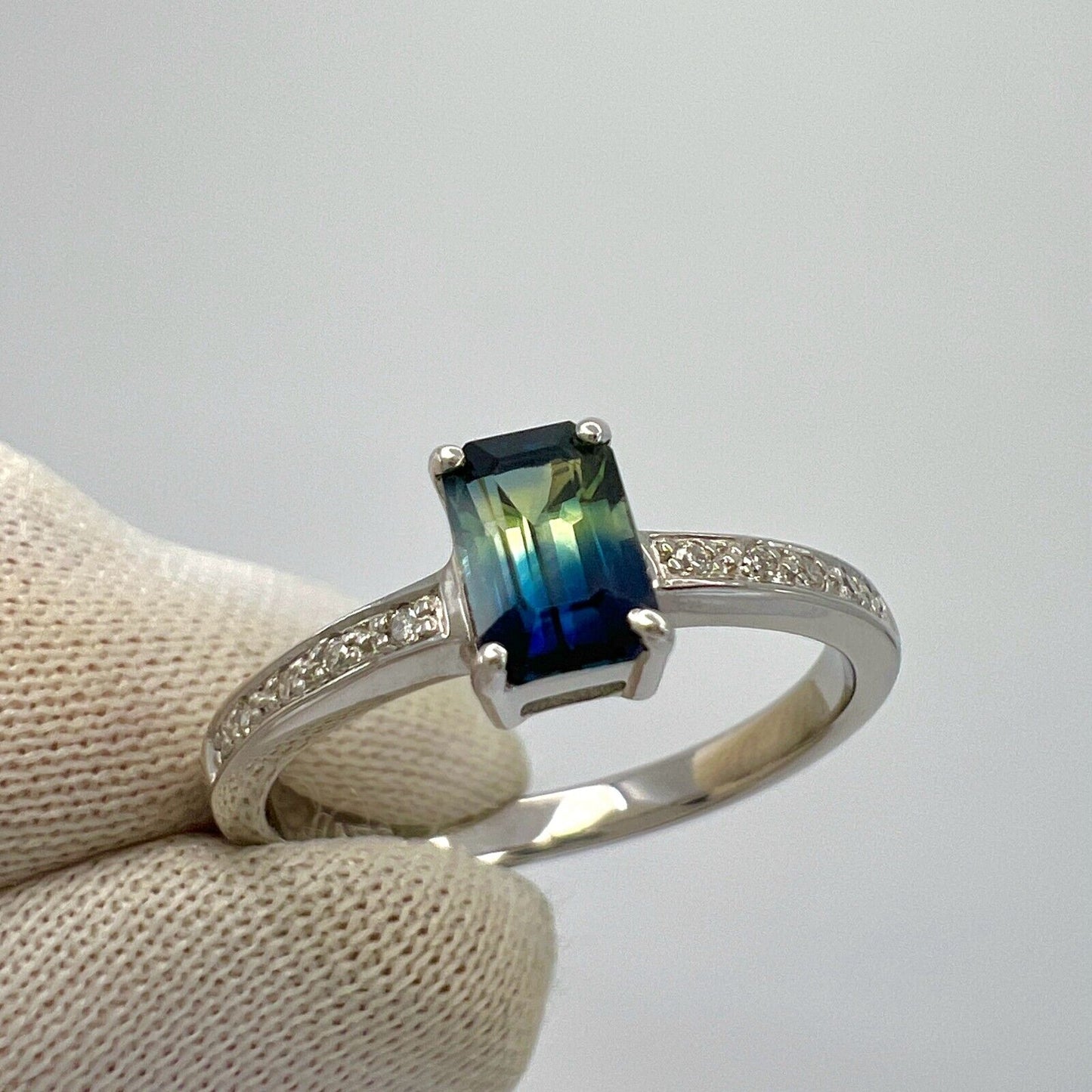 Certified Untreated Bi Colour Sapphire Blue Yellow Emerald Cut White Gold Ring